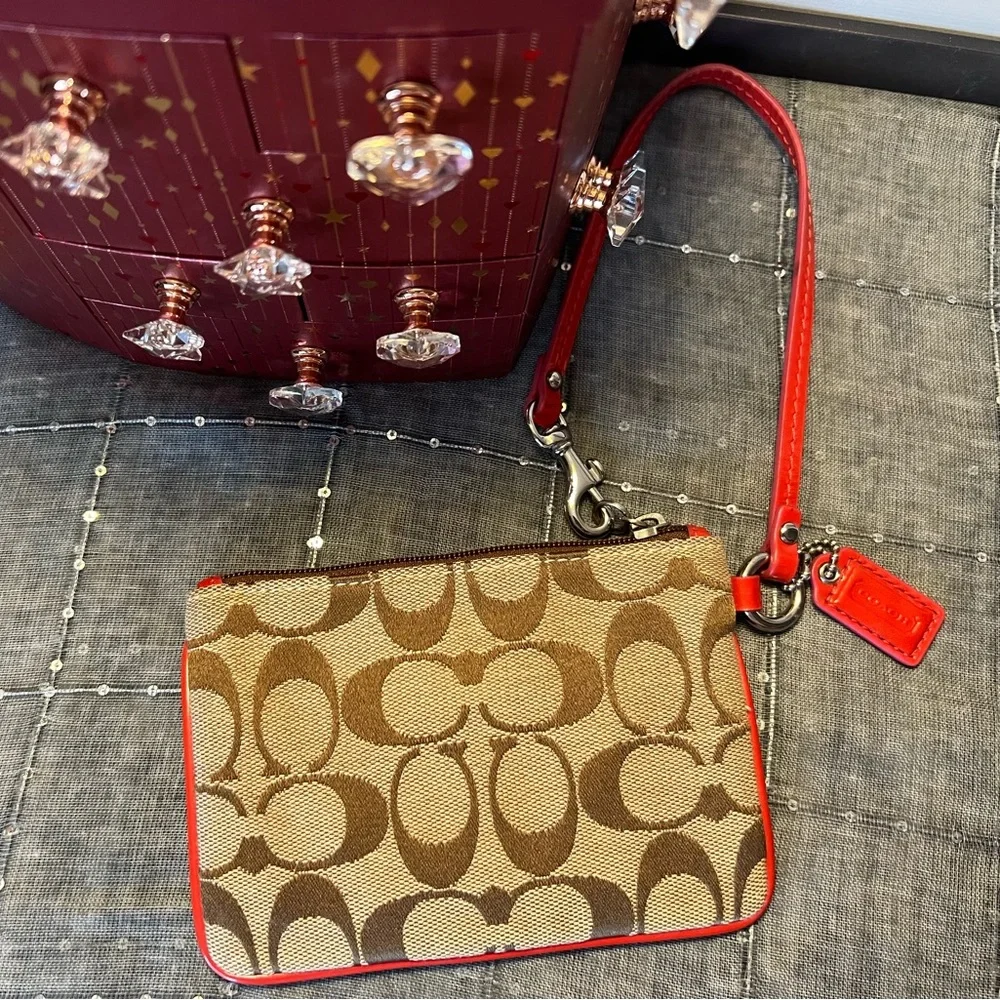 Coach Brown and Coral Wristlet with Signature C Monogram
